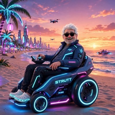 Ian Jennings in his Strutt ev¹, pictured in an illustrated neon beach scene at sunset